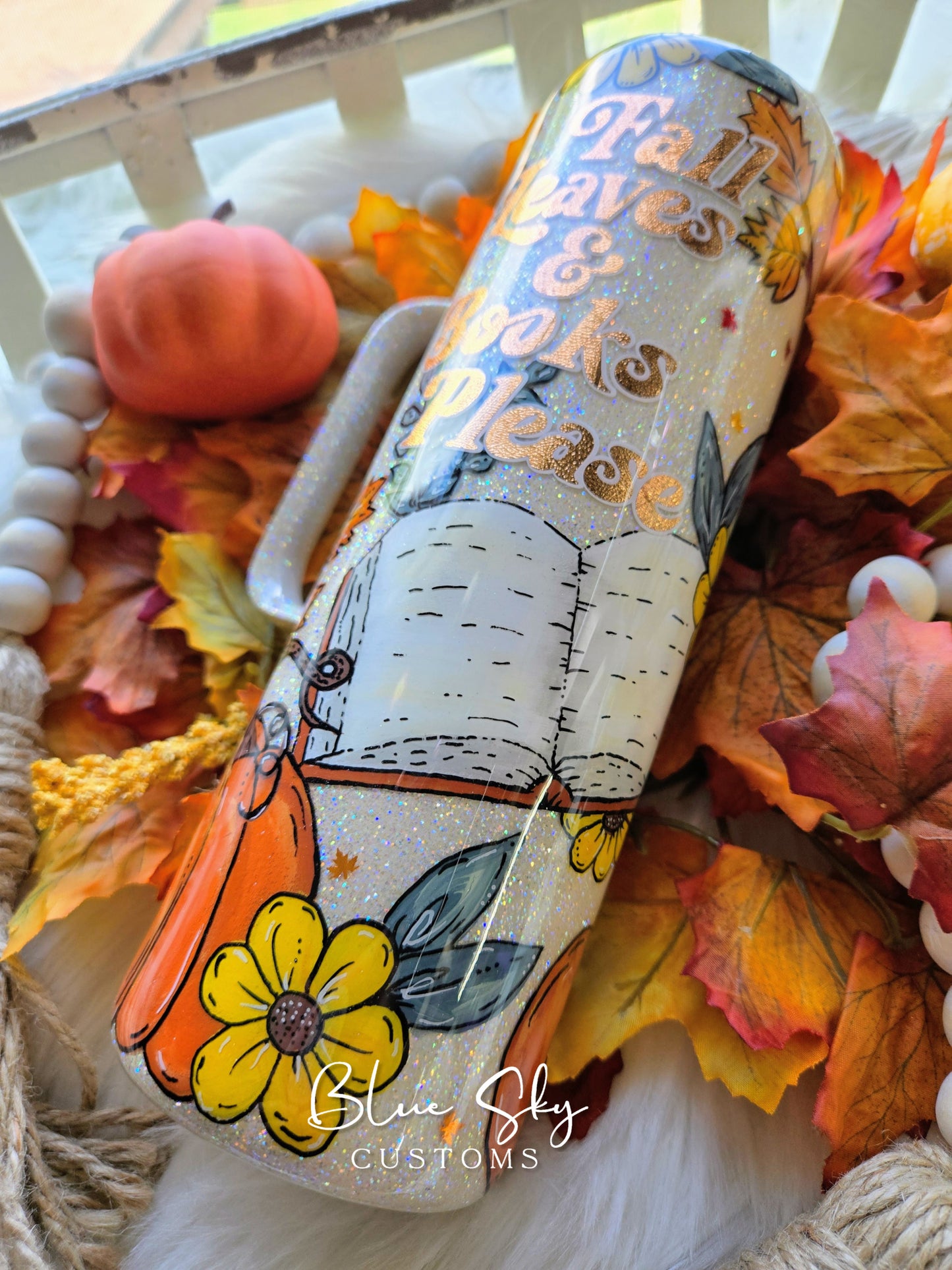 Fall Leaves & Books Please (Hand Painted) - 30oz Skinny Mug