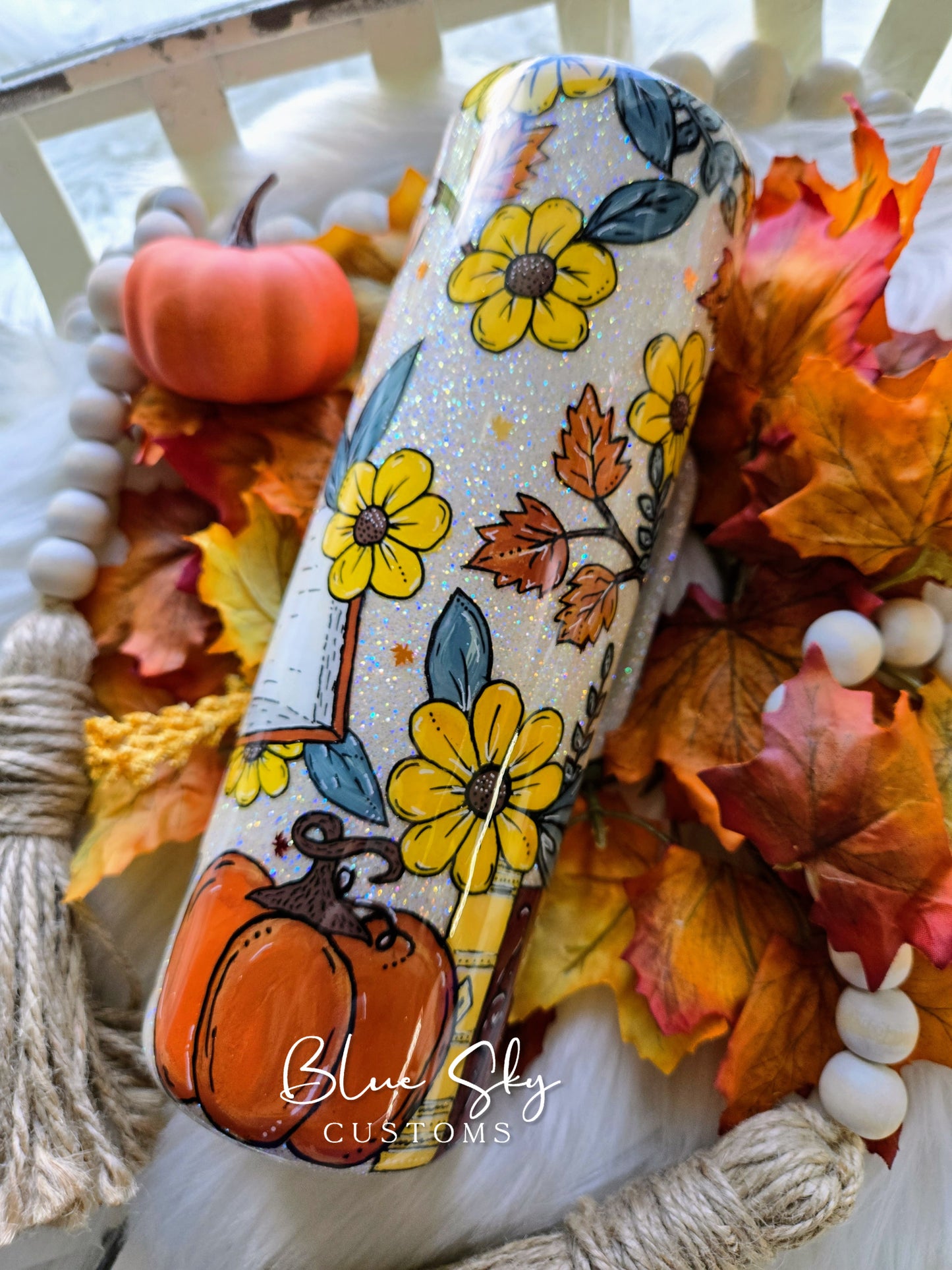 Fall Leaves & Books Please (Hand Painted) - 30oz Skinny Mug