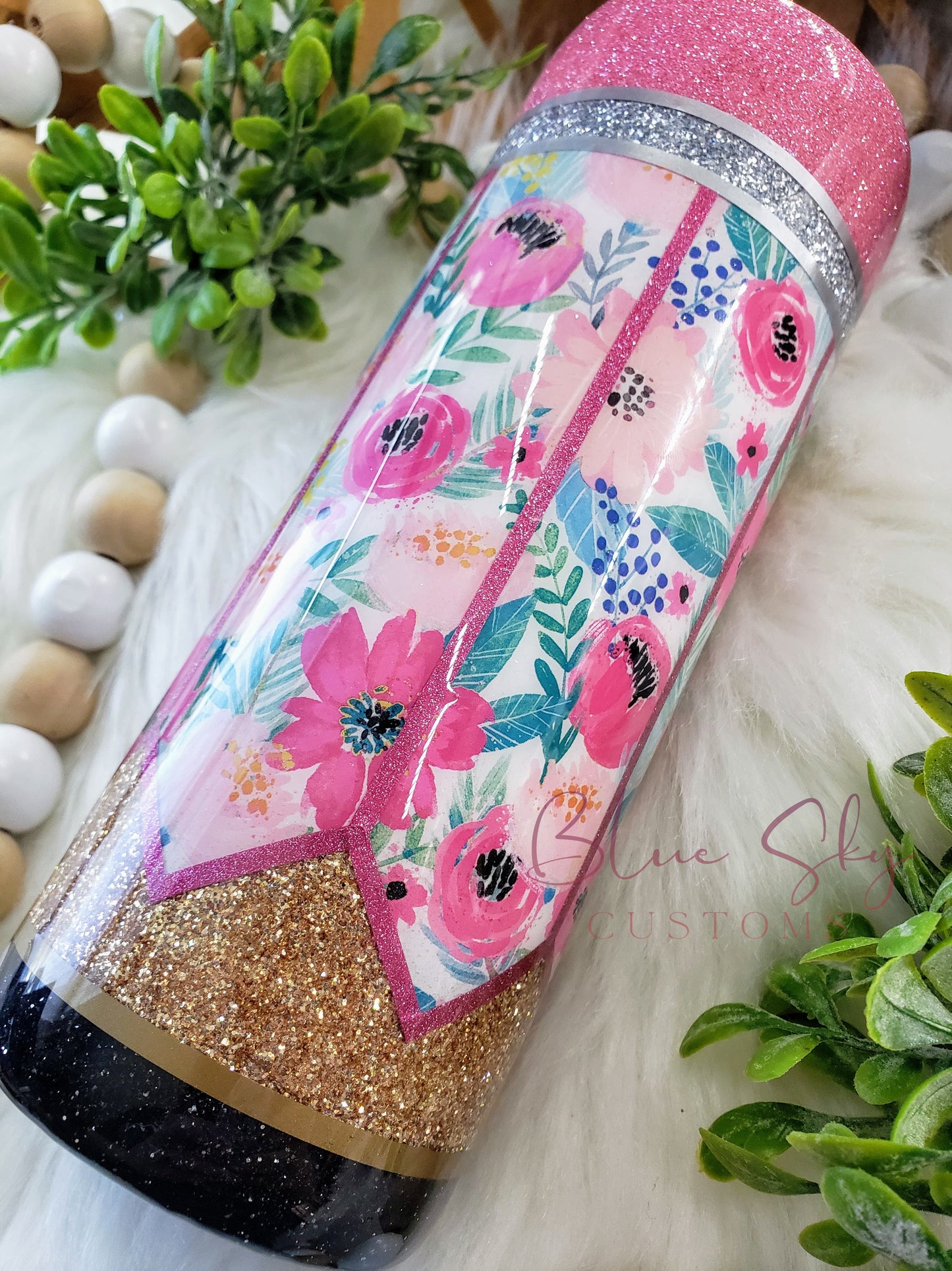 Floral Pencil Glitter Tumbler