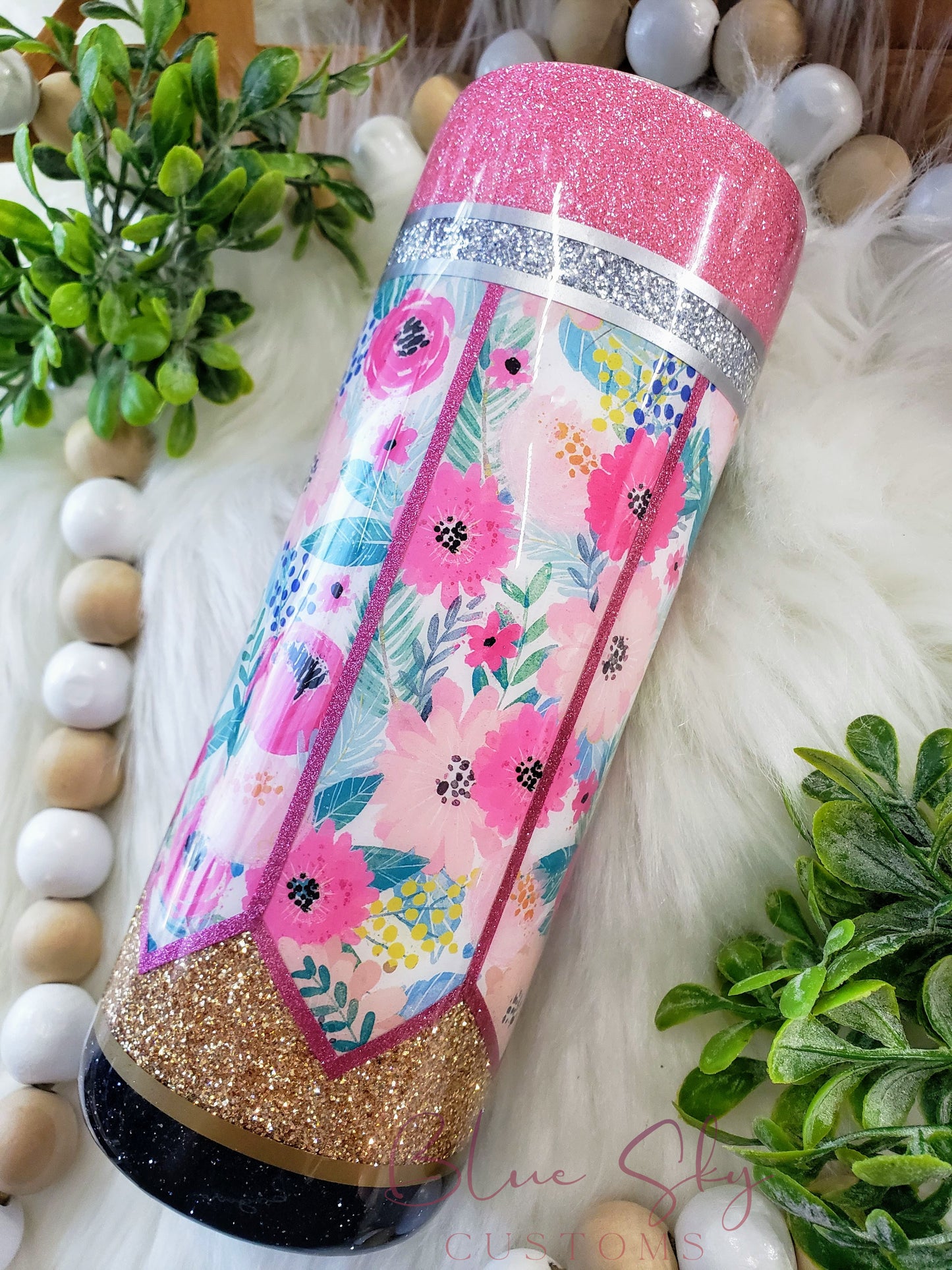 Floral Pencil Glitter Tumbler