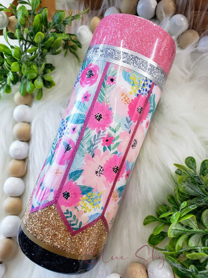 Floral Pencil Glitter Tumbler