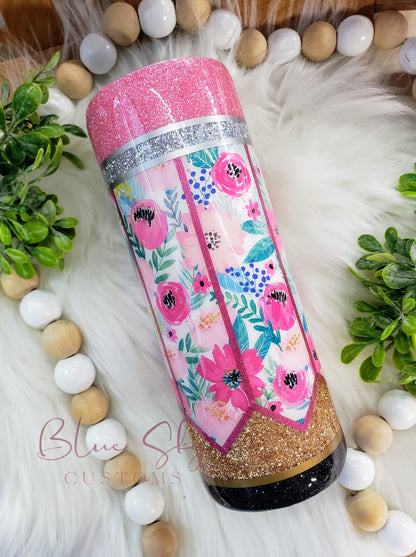 Floral Pencil Glitter Tumbler