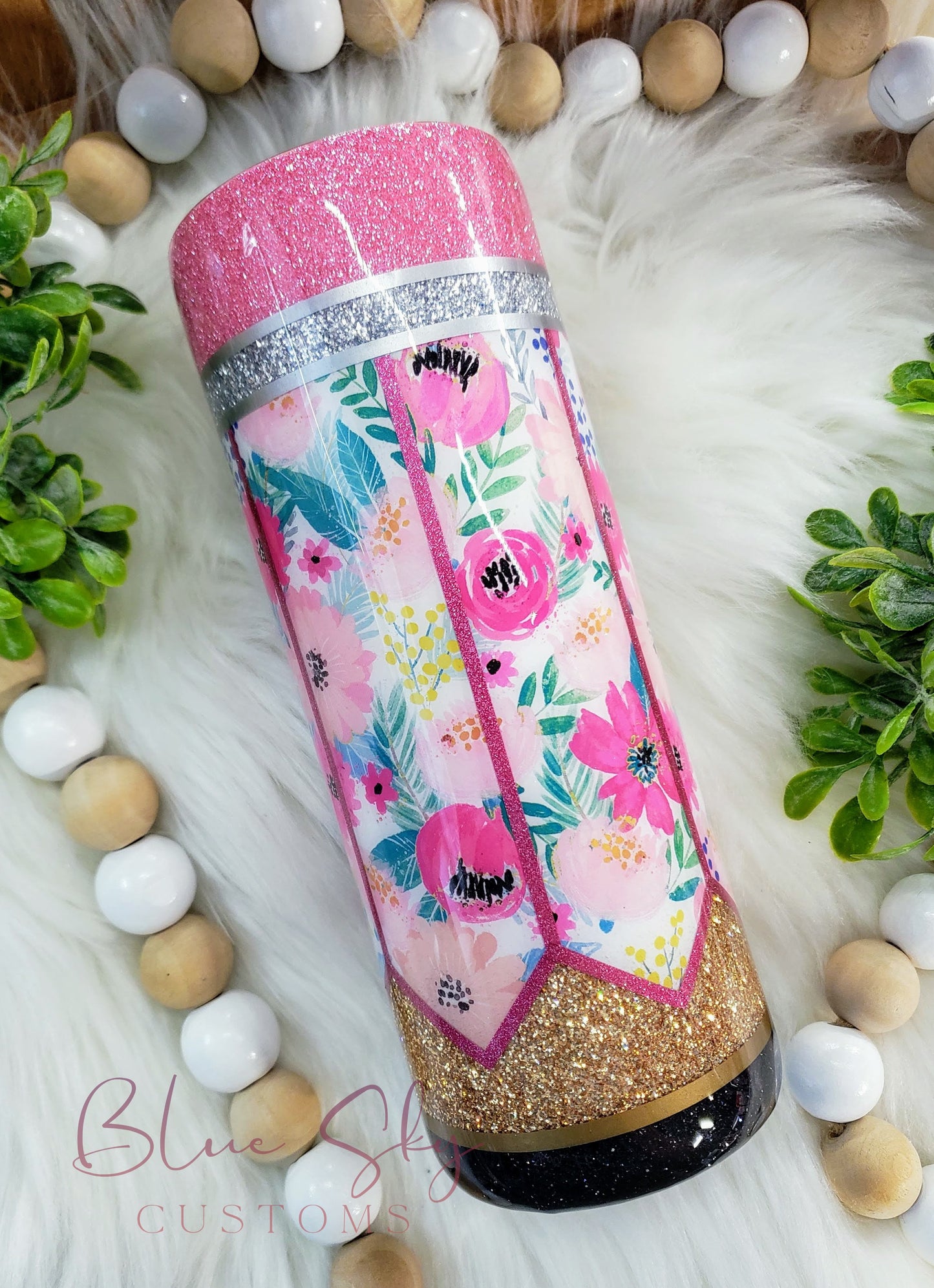 Floral Pencil Glitter Tumbler