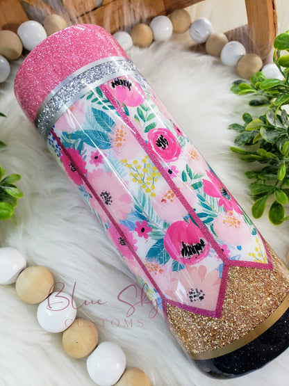 Floral Pencil Glitter Tumbler