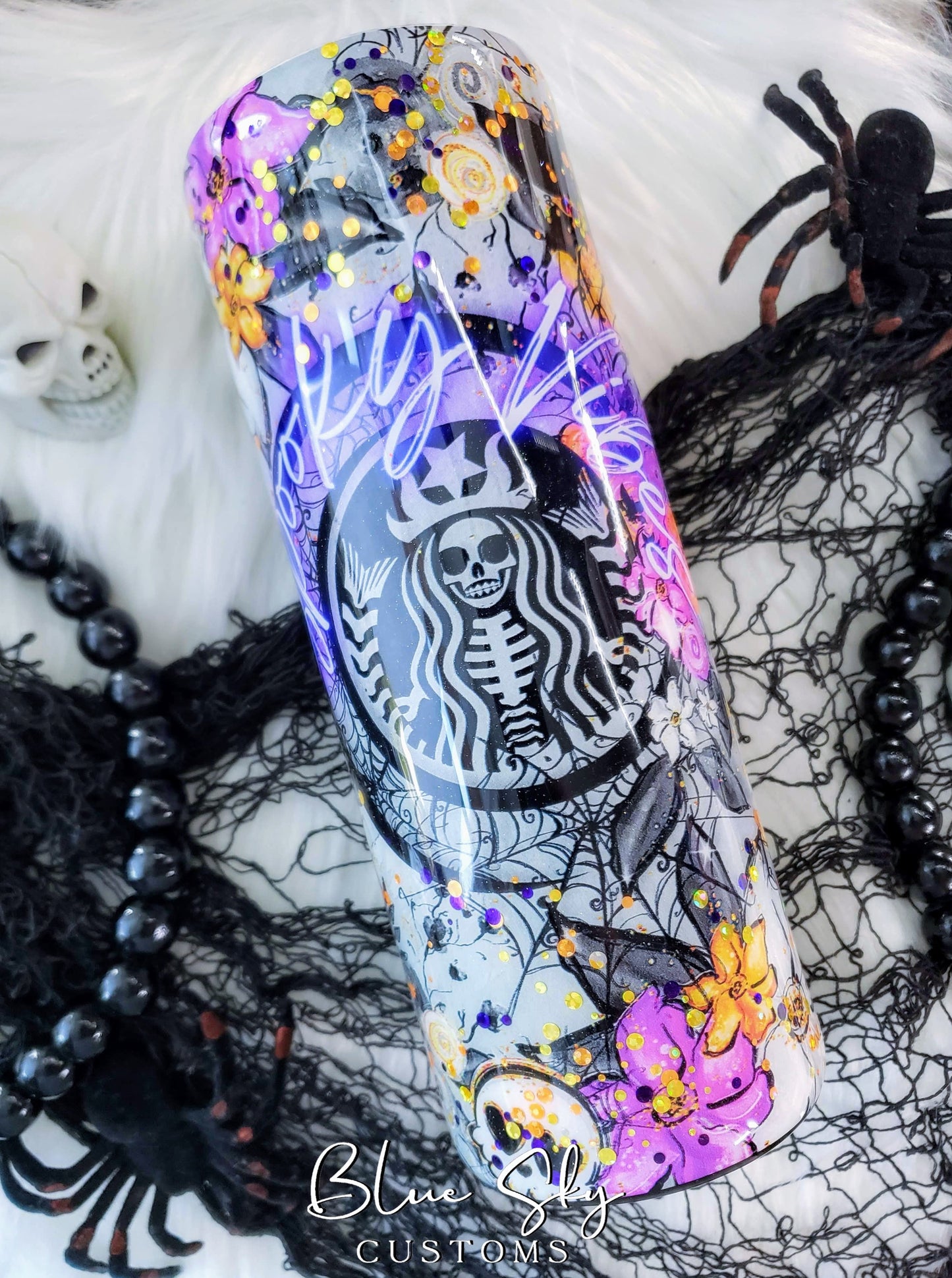 Spooky Vibes Purple & Orange Glitter Tumbler