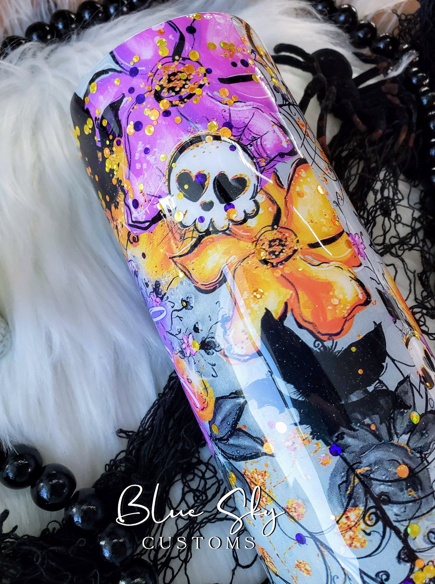 Spooky Vibes Purple & Orange Glitter Tumbler