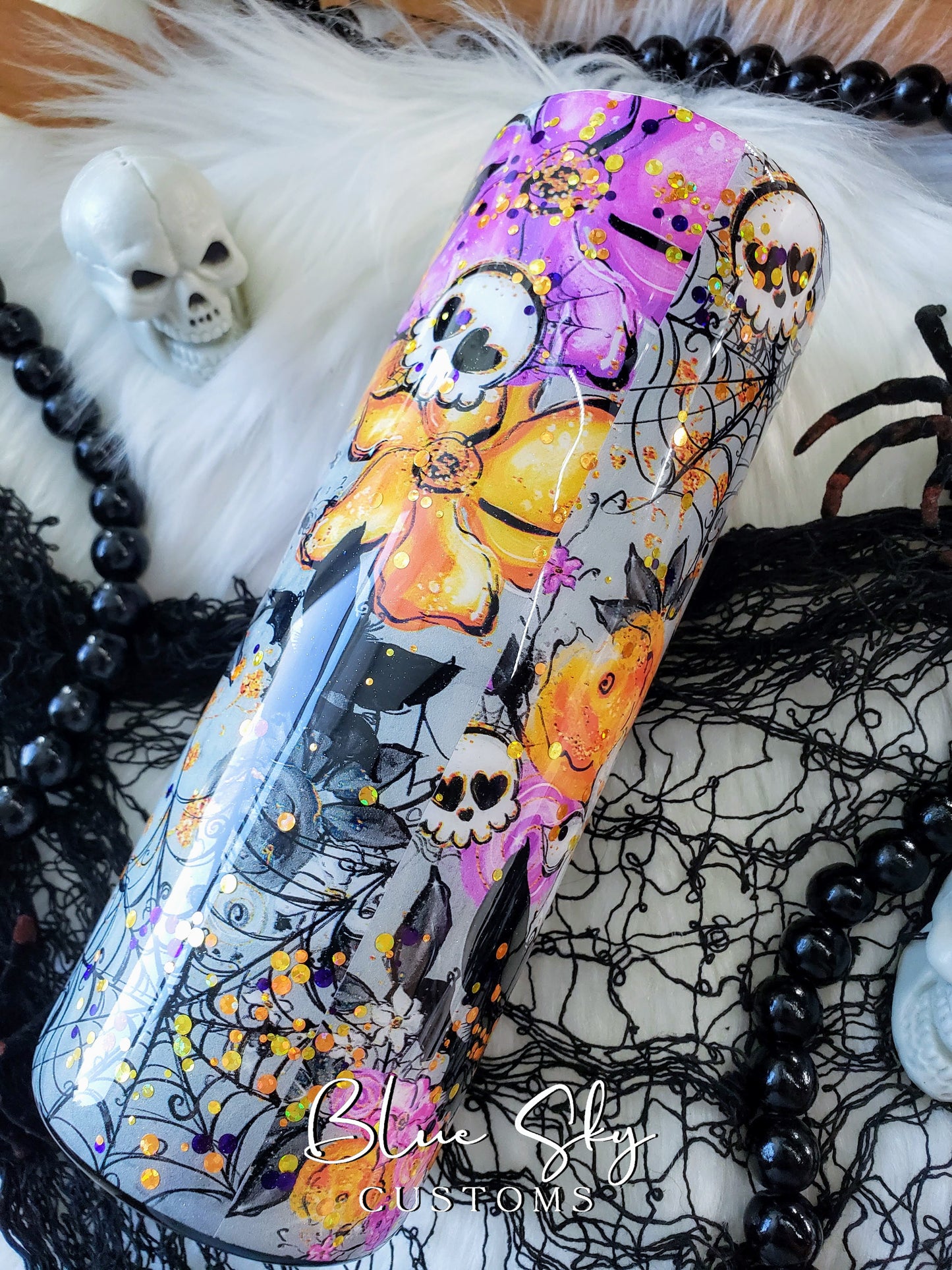 Spooky Vibes Purple & Orange Glitter Tumbler