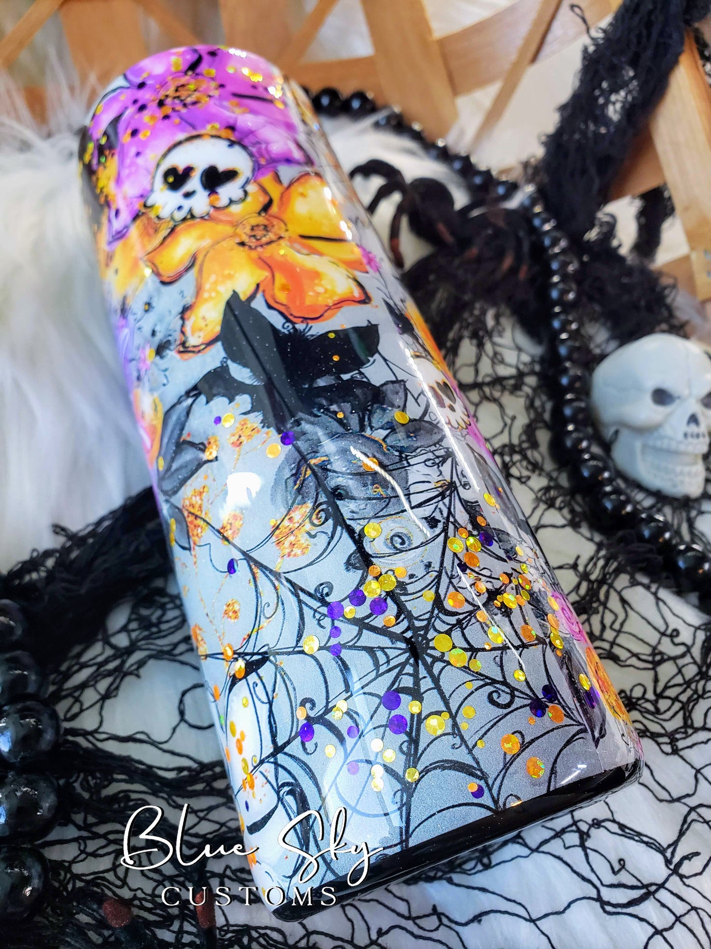 Spooky Vibes Purple & Orange Glitter Tumbler